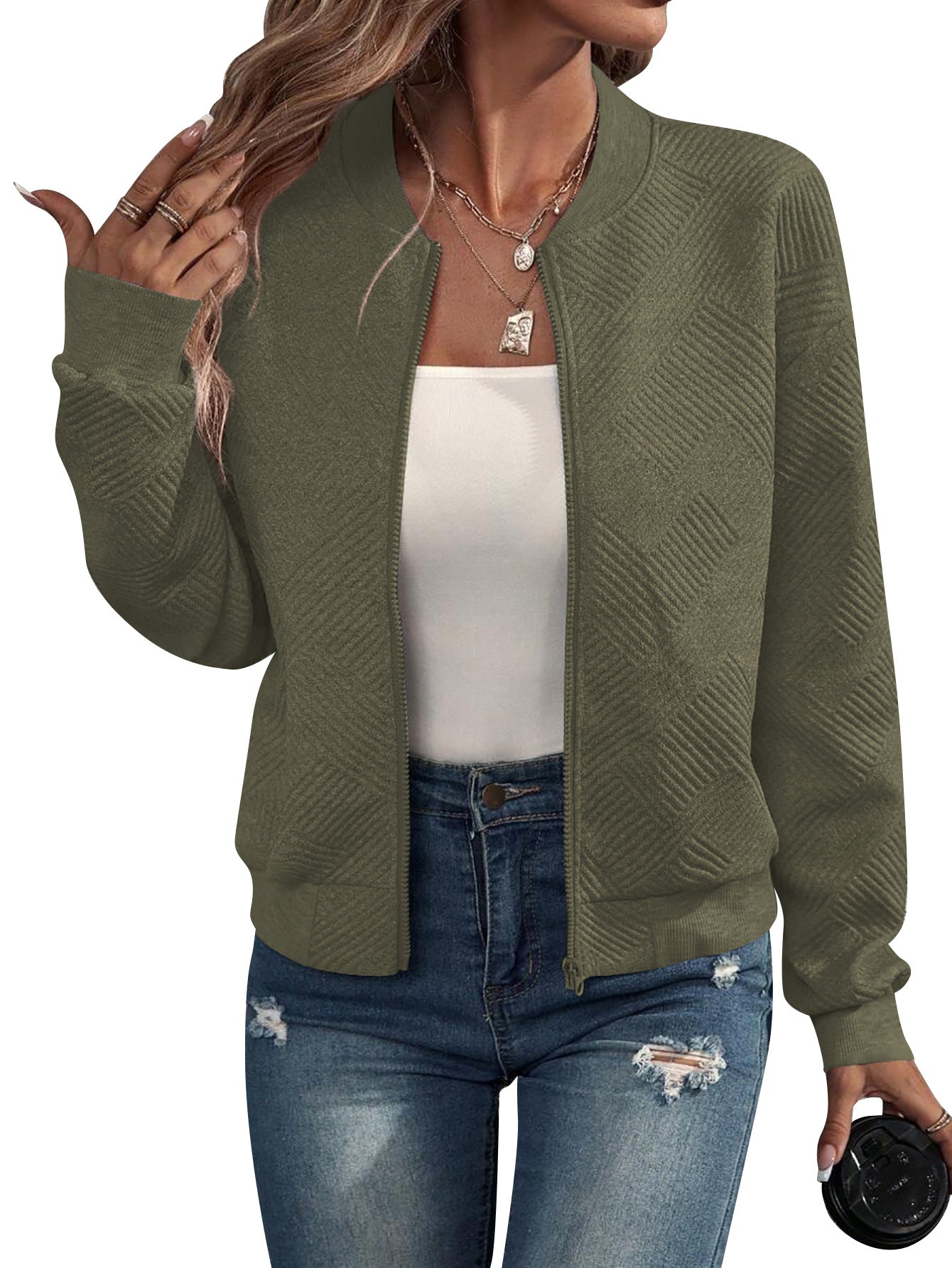 Lydia | Textured Zip Bomber Jacket