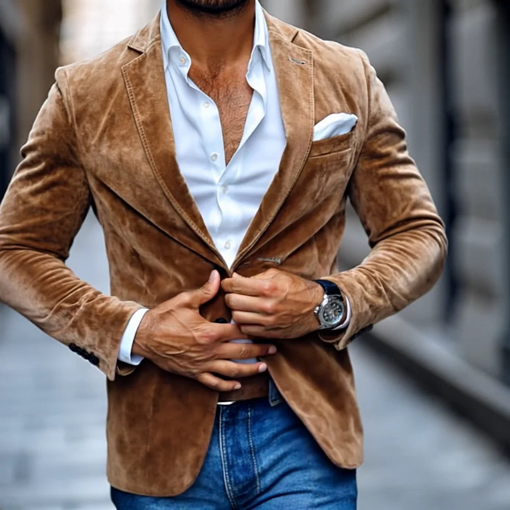Men's Fashion Solid Suede Notch Lapel Two Buttons Casual Blazer
